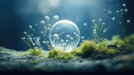 A glass sphere is sitting on top of a mossy ground. Generative AI.