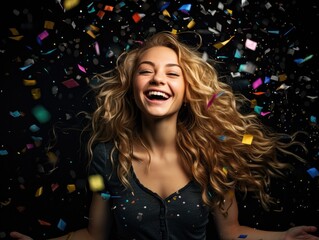 Happy young woman with confetti in her hair. Generative AI.