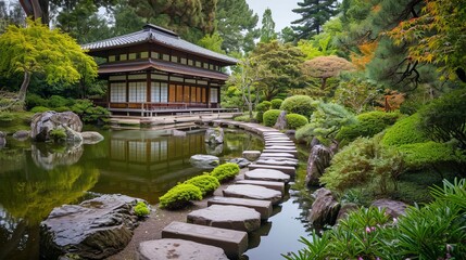 Japanese Garden With Stepping Stones Leading to - obrazy, fototapety, plakaty