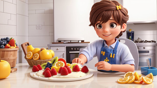 A kid baking a fruit cake in kitchen