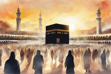 watercolor landscape view of holy kaaba with sunrise