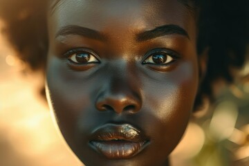 Close up of African girl with a glowing complexion, beige setting