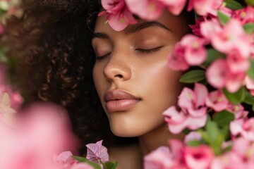 Close-up of female model's serene face as she enjoys the fragrance of freshly bloomed flowers in a garden