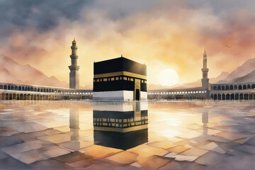watercolor landscape view of holy kaaba with sunrise