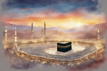 watercolor landscape view of holy kaaba with sunrise