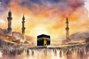 watercolor landscape view of holy kaaba with sunrise - obrazy, fototapety, plakaty