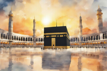 watercolor landscape view of holy kaaba with sunrise
