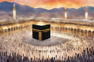 view of watercolor landscape view of kaaba with sunrise