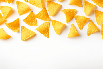 Corn chips of triangular shape levitate on a white background Generative AI