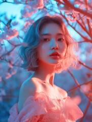 Portrait of a beautiful korean young woman wearing pink organza dress and bob grey hair style with direct red lighting and sakura flower background