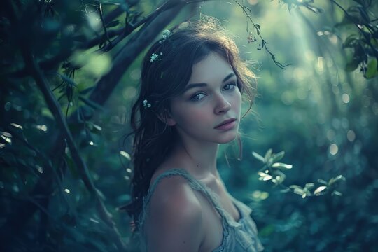 Female model with a whimsical look, posing in a mystical forest setting