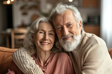 Happy retired couple in loving embrace, looking at camera, living room background