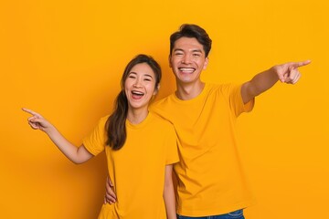 Joyful Asian couple pointing and reacting to empty space, vibrant yellow setting