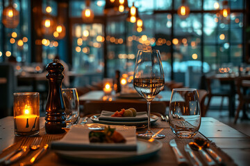 Fototapeta na wymiar Elegant restaurant interior with table setup