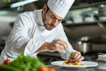 Male chef in a professional kitchen plating a gourmet dish