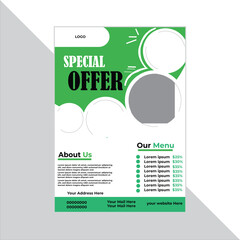 A4 flyer, food Flyer, template, layout, graphic design. business flyer, brochure, magazine or flier mockup 
green colors. perfect for professional business, vector,  template, .