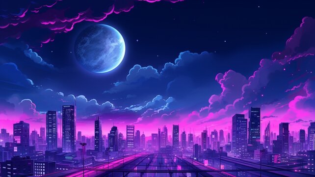 Pink neon outline big city doodle beautiful image Ai generated art