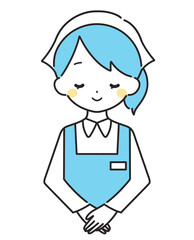 水色｜お辞儀をする三角巾の女性店員｜エプロン