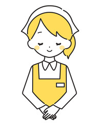黄色｜お辞儀をする三角巾の女性店員｜エプロン