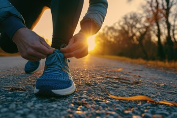 Man in a close-up, tying his running shoes before a sunrise jog, focusing on fitness and determination