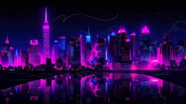 Pink neon outline big city doodle beautiful image Ai generated art