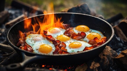Camping breakfast with bacon and eggs in a cast iron skillet. Fried eggs with bacon in a pan in the forest. Food at the camp. Scrambled eggs with bacon on fire. Picnic, Generative Ai