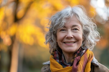 Senior gray-haired woman smiling in autumn park, close-up portrait