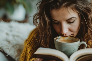 Woman in a close-up, sipping coffee while reading a book, capturing a relaxed weekend vibe