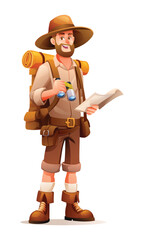 Explorer with backpack holding a map and binoculars. Cartoon character illustration isolated on white background
