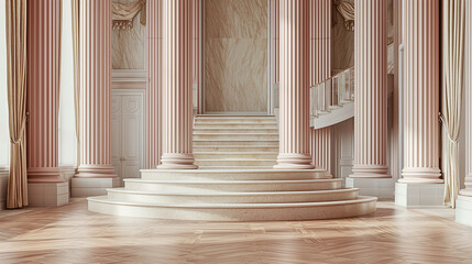 Opulent classical interior featuring a grand staircase flanked by elegant columns, exquisite drapery, and herringbone wood flooring. 3d illustration.