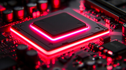 close-up of a powerful microprocessor with a glowing pink light on a detailed motherboard, indicating high-speed operation and advanced technology
