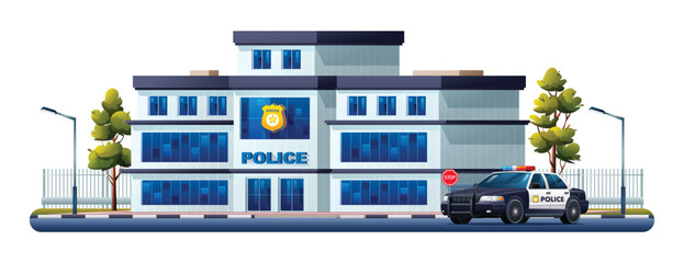 Police station building with patrol car. Police department office. Vector illustration © YG Studio
