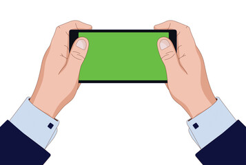 Hands holding a smartphone. Watching on mobile phone screen. Green mobile screen. Realistic hand holding mobile.