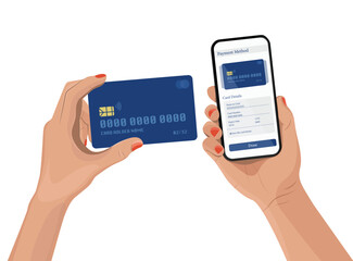 Hand holding mobile and doing online shopping transaction through debit or credit card. with graphics on the background. vector illustration.