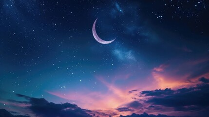 Obraz na płótnie Canvas Glowing Moon and Stars- Ramadan Kareem Eid Mubarak Background with Night Sky and Crescent