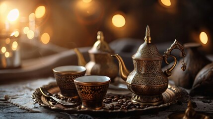 Fototapeta premium Traditional Arabic Coffee- Ramadan Kareem Eid Mubarak Background with Turkish Coffee Cups and Dallah Pot