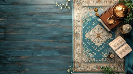 Islamic Prayer Mat- Eid Mubarak Background with Beautifully Designed Prayer Rug and Quran
