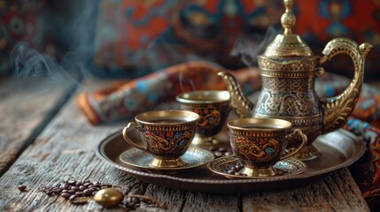 Fototapeta na wymiar Traditional Arabic Coffee- Ramadan Kareem Eid Mubarak Background with Turkish Coffee Cups and Dallah Pot
