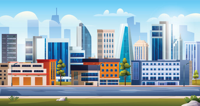 Cityscape panoramic with skyscraper buildings and road. Urban city landscape background vector illustration
