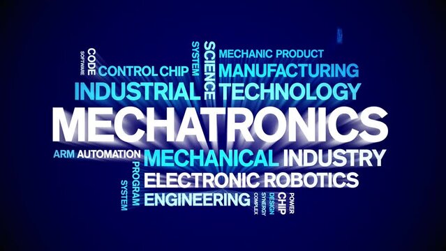 Mechatronics animated tag word cloud;text design animation kinetic typography seamless loop.