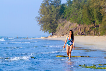 Woman body big with swimsuit relax at beach