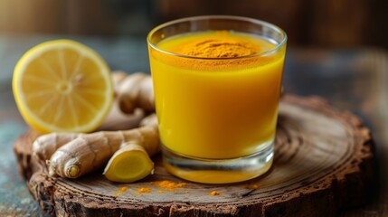 A glass of golden turmeric beverage with lemon beside fresh ginger on a rustic wooden table