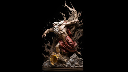 A sculpture illustrating Zeus battling the giant Orion. Artistic interpretations showcasing his bravery and adventures in war