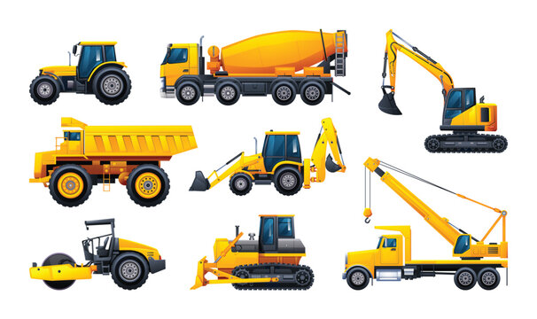 Collection of heavy machinery construction vehicles isolated on white background