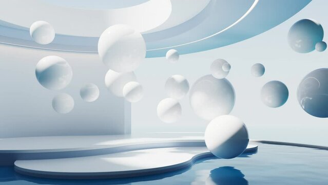 Floating balls and water surface background, 3d rendering.