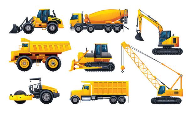 Set of heavy machinery construction vehicles isolated illustration