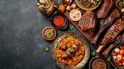 Traditional Islamic Feast- Eid Al Adha Mubarak Background with Delicious Meat and Festive Decorations