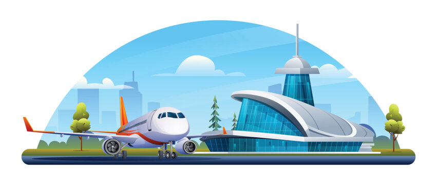 International airport building with airplane, terminal, gate, runway and city landscape vector cartoon illustration