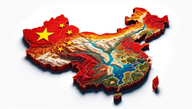 China Map blended with its flag and geography 