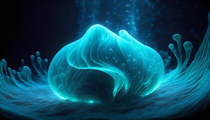 黒背景に青緑色の波のような流線形のグラフィック素材。生成AI。深海のイメージ。人体の中のイメージ。ウィルスのイメージ。 - obrazy, fototapety, plakaty